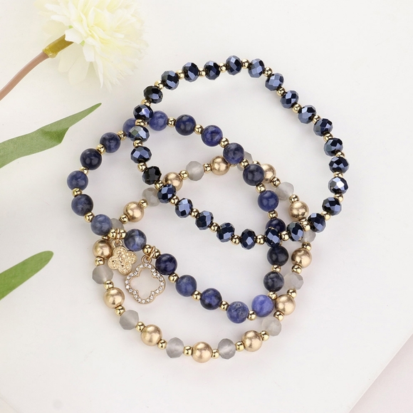 Montana Blue Quatrefoil Beaded 3 Piece Charm MultiLayered Stretch Bracelets - Picture 2 of 3